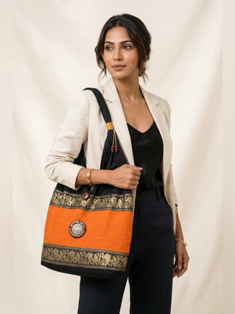 Shoulder Bag Sling Thai Hippie Hobo Orange Black color Crossbody Bag Bohemian